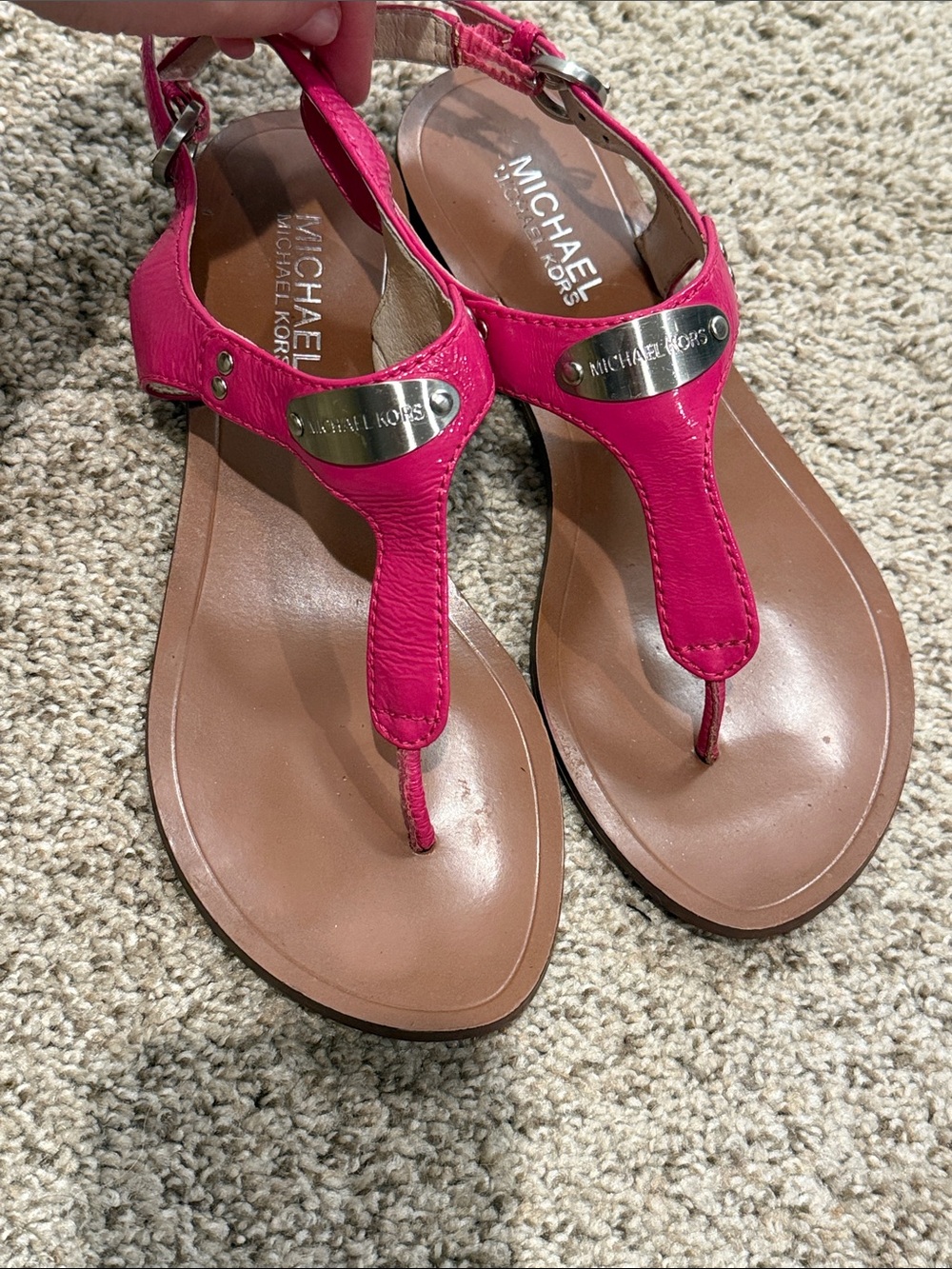 Michael Kors Hot Pink Leather T-Strap Sandals with Logo Plaque